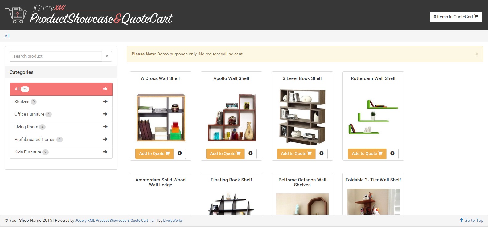 JQuery XML Product Showcase Quote Cart